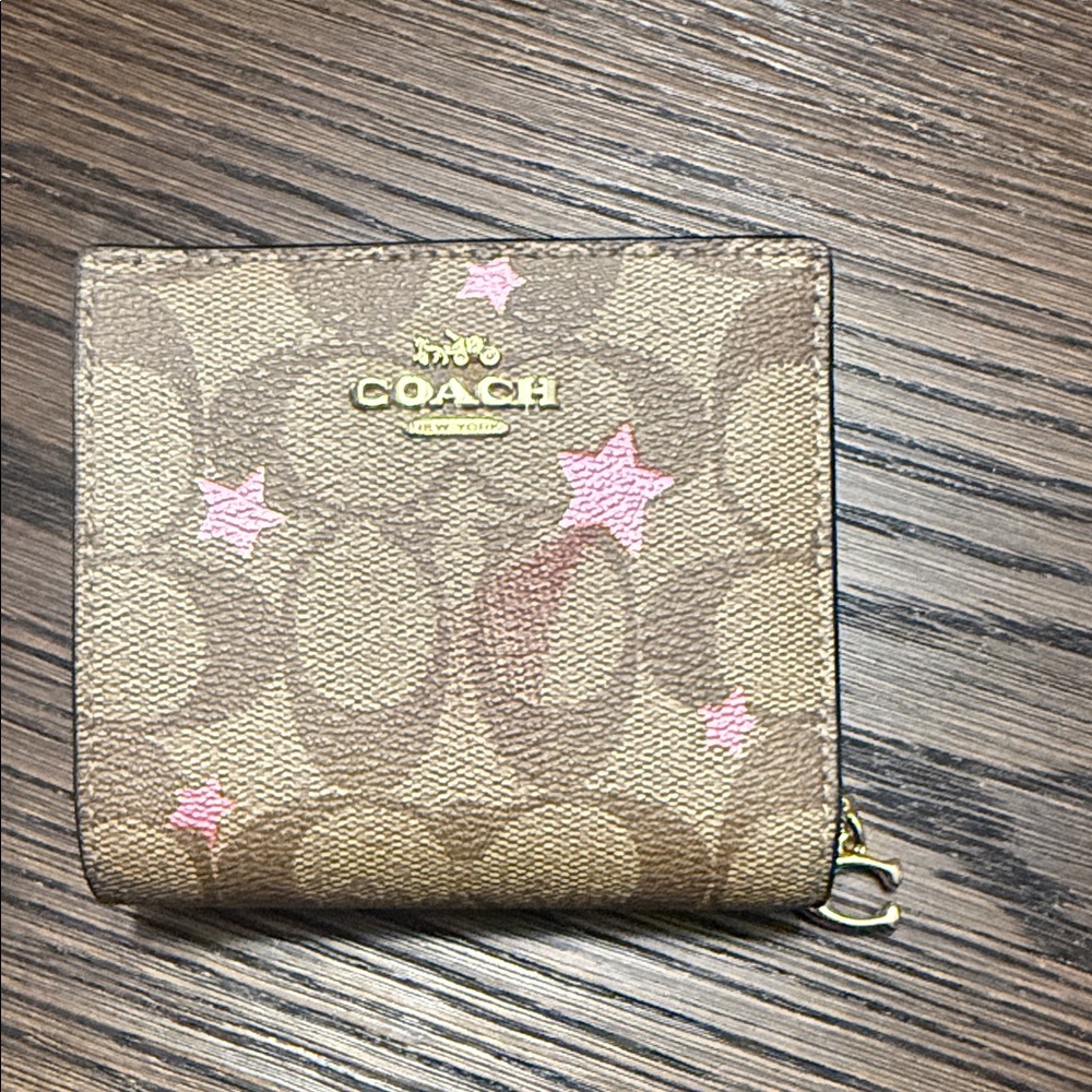 Coach Signature Tan Wallet with Pink Stars